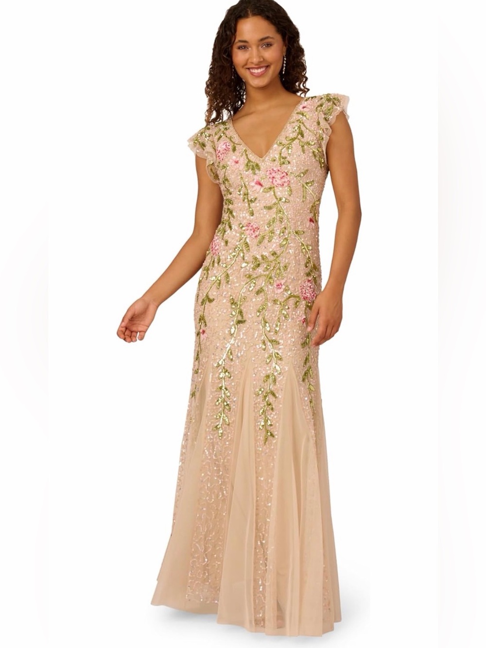 Adrianna Papell Blush Sequin Beaded Mesh Flutter Dress